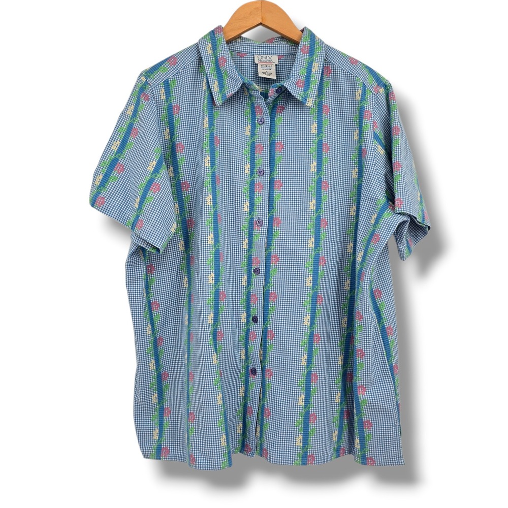 Only Necessities Blue Gingham Floral Button Down Shirt Womens Large Short Sleeve
